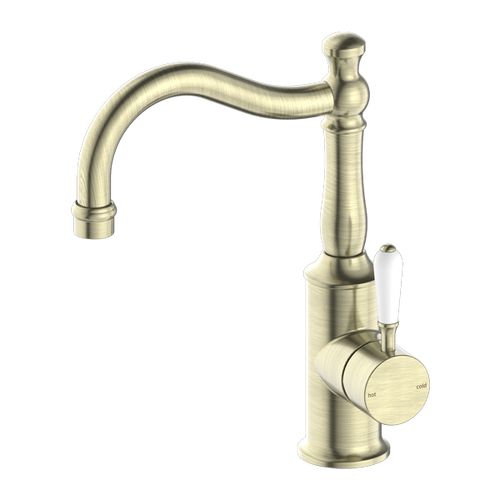 Nero York Basin Mixer Hook Spout With White Porcelain Lever Aged Brass NR69210201AB