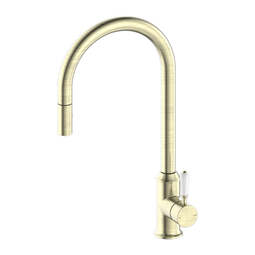 Nero York Pull Out Sink Mixer With Vegie Spray White Porcelain Lever Aged Brass