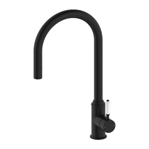 Nero York Pull Out Sink Mixer With Vegie Spray With White Porcelain Lever Matte Black NR69210801MB